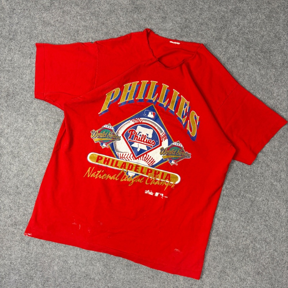Vintage 1993 Philadelphia Phillies World Series NL Champs T-Shirt Red Cut Neck